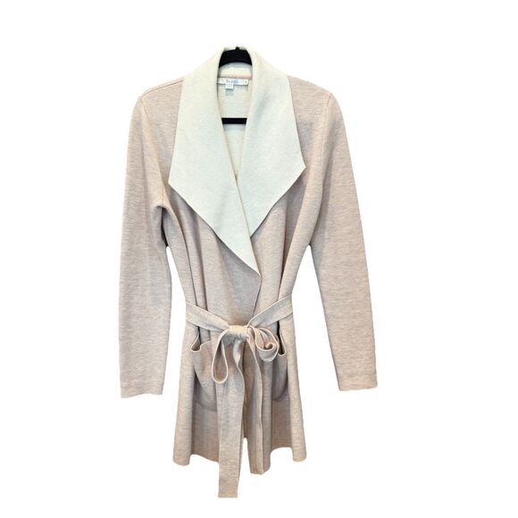 Boden Belted Waterfall Cardigan Tan And Cream Size Medium Wool Blend Pockets - Picture 2 of 9